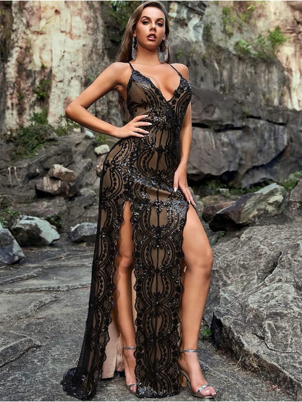 Elegant Black Lace Evening Gown With Sheer Insets